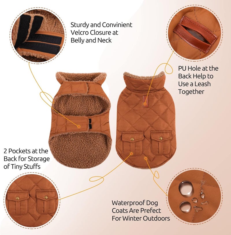 Queenmore Warm Dog Coat, Cold Weather Puffer Dog Jacket with Ultra Thick Plush Lining and Storage Pockets (Brown, Medium) - Image 4